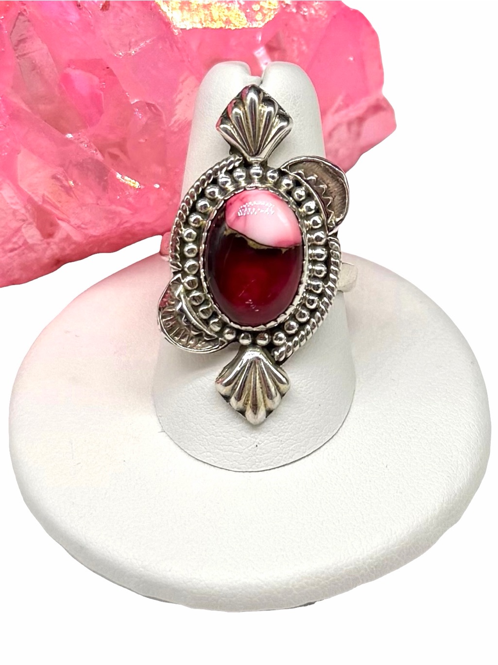 Kingman Red Rose Dahlia Turquoise Ring Adjustable Size 7 - 9 925 Sterling Silver